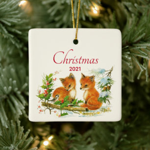 Süße Vintage-Füchse Retro-Weihnachtsszene Keramikornament