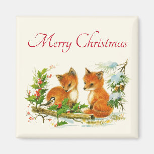 Süße Vintage-Füchse Retro-Weihnachtsszene Magnet