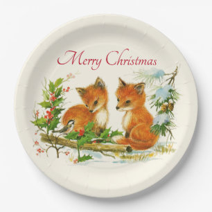 Süße Vintage-Füchse Retro-Weihnachtsszene Pappteller