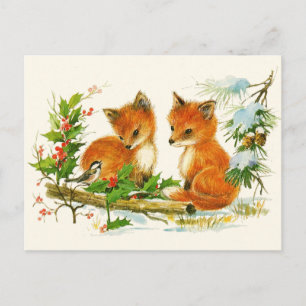 Süße Vintage-Füchse Retro-Weihnachtsszene Postkarte