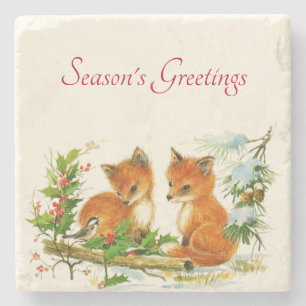 Süße Vintage-Füchse Retro-Weihnachtsszene Steinuntersetzer