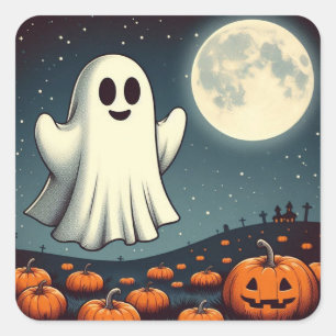 Süße, vintage Geist & Kürbis Halloween Kunst Quadratischer Aufkleber