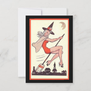 Süße Vintage-Halloween-Hexe auf Besen
