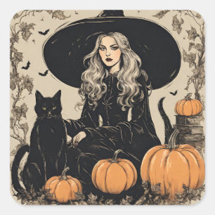 Süße Vintage-Halloween-Hexe mit schwarzer Katze Quadratischer Aufkleber