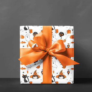 Süße Vintage-Halloweenfiguren Orange und Schwarz Geschenkpapier