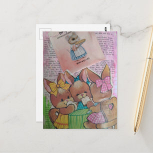 Süße Vintage-Hasen und Maus-Collage Postkarte