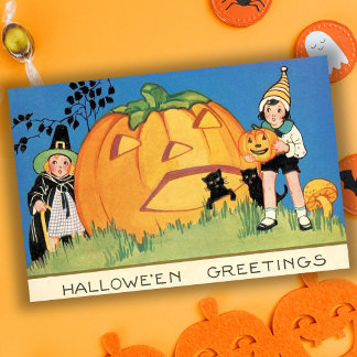 Süße Vintage-Hexe und Jack-O-Lantern Halloween Karte