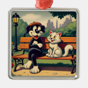 Süße, vintage Hund/Katze Cartoon Ornament Aus Metall