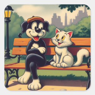 Süße, vintage Hund/Katze Cartoon Quadratischer Aufkleber