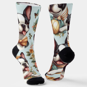 Süße Vintage-Illustration eines Boston Terriers Socken