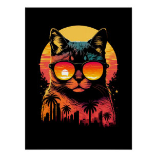 Süße Vintage-Katze mit Brille im Sonnenuntergang S Poster