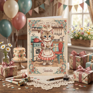 Süße Vintage-Katze   Personalisiertes Happy Birthd Karte