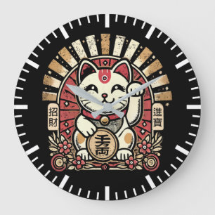 Süße Vintage Maneki Neko Glückskatze, Erfolg Geld Große Wanduhr