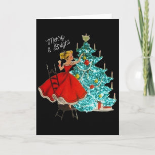 Süße Vintage-Merry-And-Bright-Girl-dekoriert-Chris Karte