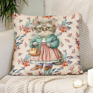 Süße Vintage-Oma-Katze Rosa Schürze Brille Kissen