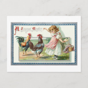 Süße vintage Osterhenne, Hahn & Mädchen Postkarte