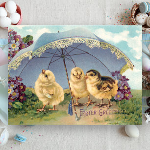 Süße Vintage-Osterküken und Sonnenschirm Postkarte