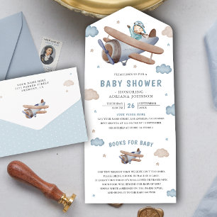 Süße Vintage-Retro-Blaue-Flugzeug-Pilot-Baby-Party All In One Einladung