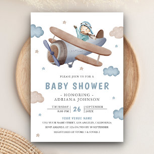 Süße Vintage-Retro-Blaue-Flugzeug-Pilot-Baby-Party Einladung