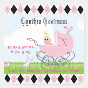 Süße Vintage-Rosa-Babymädchen-Kinderwagen Quadratischer Aufkleber