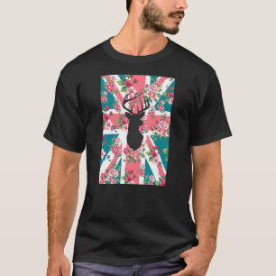 Süße Vintage-Rosen UK-Union-Jack-Flagge Hirschkopf T-Shirt