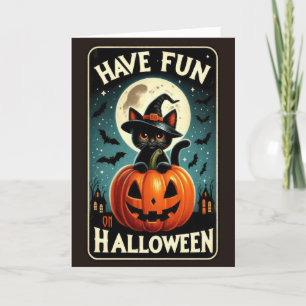 Süße Vintage-Schwarze Katze in einem Kürbis Hallow Feiertagskarte