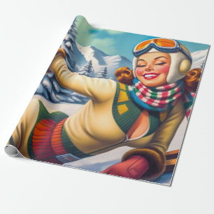 Süße Vintage-Ski-Pin-Up Geschenkpapier