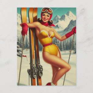 Süße Vintage-Ski-Pin-Up Postkarte
