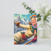 Süße Vintage-Ski-Pin-Up Postkarte (Stehend Vorderseite)