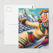 Süße Vintage-Ski-Pin-Up Postkarte (Vorne/Hinten)