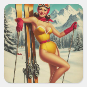 Süße Vintage-Ski-Pin-Up Quadratischer Aufkleber