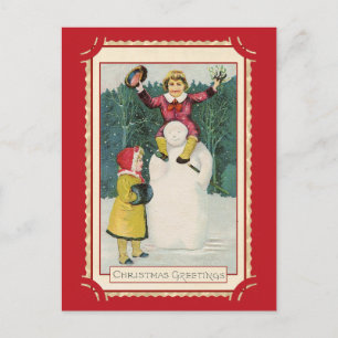 Süße Vintage-Weihnachtsgrüße Kinder Schneemann Postkarte