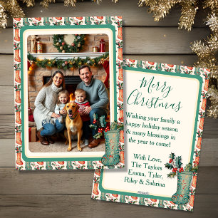 Süße Vintage-Weihnachtsstrümpfe und Familienfoto Feiertagskarte