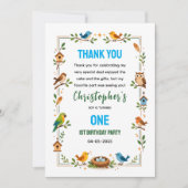 Süße Vögel 1. Geburtstag – Lustige Kinderparty Dankeskarte (Vorderseite)