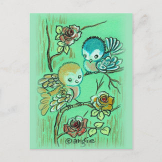 Süße Vögel auf Rosenbusch Postkarte