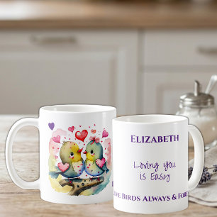 Süße Vögel lieben dich personalisierter Name lila Kaffeetasse