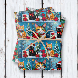 Süße Volkskunst-Impasto-Katzen-Weihnachten Geschenkpapier Set