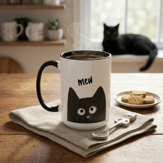 Süße Wachsmalerei Schwarze Katze Miaut Whimsical Tasse