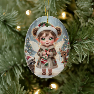Süße Wald-Chibi-Girls personalisiertes Weihnachten Keramik Ornament