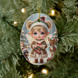 Süße Wald-Chibi Mädchen Personalisiertes Weihnacht Keramik Ornament