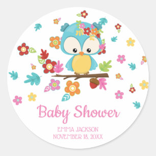 Süße Wald-Eule und Blumen Baby Mädchen Baby-Party Runder Aufkleber