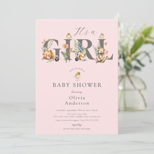 Süße Waldfreunde - ein Mädchen Einladung (Stehend Vorderseite)