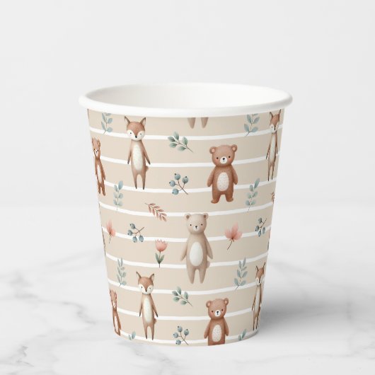 Süße Waldtiere- Aquarell- Muster- beige Pappbecher (Vorderseite)