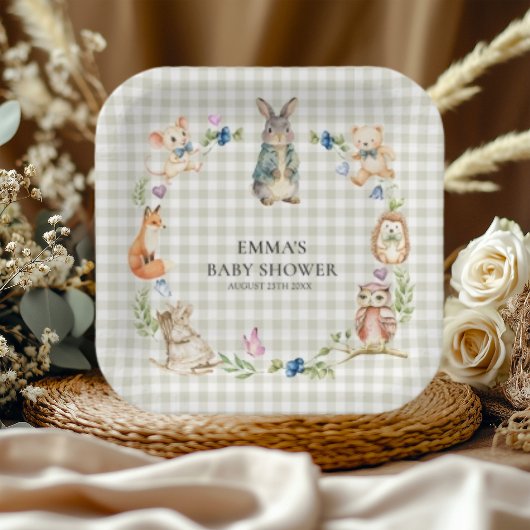 Süße Waldtiere Baby Shower Gingham-Teller Pappteller