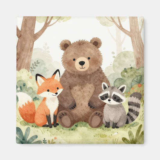 Süße Waldtiere Bär Fuchs Waschbär Wasserfarbe Magnet (Vorne)