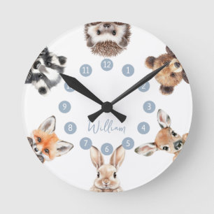 Süße Waldtiere Blaue Kinderzimmer-Deko Runde Wanduhr
