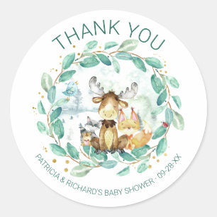 Süße Waldtiere Grün Babyparty Runder Aufkleber