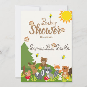 Süße Waldtiere Grüner Baum Sonnige Babyparty Einladung