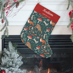 Süße Waldtiere Grüner Weihnachtswald Großer Weihnachtsstrumpf