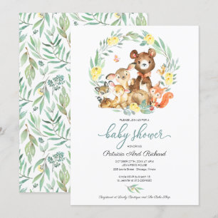 Süße Waldtiere Grünes Babyshower Einladung